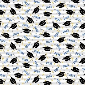 Tossed Graduation Caps with Blue 2024, Gold & Silver Confetti (Small Scale)