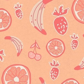 Medium - Pantone Peach Fuzz Peachy Harvest Delight Fruit Salad of Grapefruit, Strawberries, Bananas, and Cherries Fabric and Wallpaper by Hanna Barnhart, Owen & Mae