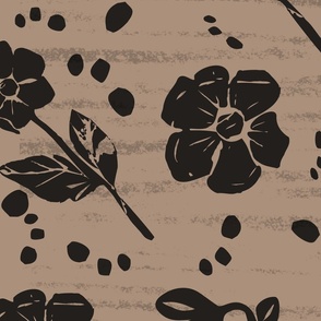 Large - Block Print Black Flowers on Tan Neutral Dark Floral Print with Dots | Fabric and Wallpaper by Hanna Barnhart, Owen & Mae