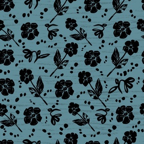 Large - Block Print Black Flowers on Teal Neutral Dark Floral Print with Dots | Fabric and Wallpaper by Hanna Barnhart, Owen & Mae