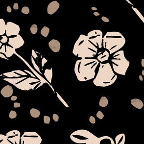 Large - Block Print Inspired Neutral Cream Ivory Flowers on Black with Tan Dots, Dark Floral Print Fabric, and Wallpaper by Hanna Barnhart, Owen & Mae