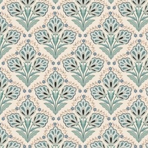 Crane flight damask in blue sage 3”