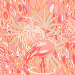 Ruffled Feathers on Peach  Fuzz  -Flamingos -  Peach Fuzz Pantone Color of the Year 2024 Wallpaper CelebratePeachFuzzPantoneCOY2024