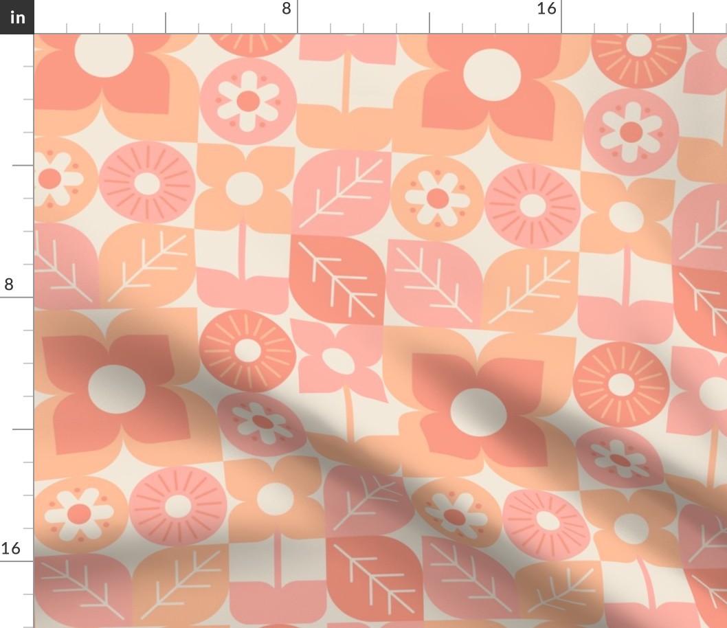 Geometric Flowers in Peach Fuzz, Spring Pastels, Retro Flowers, Pantone 2024