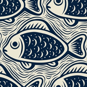 3052 D Extra large - block print fishes