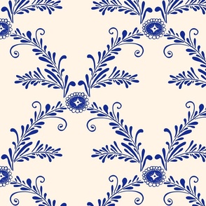 Folk Art Flower and Branch Leaves Blue on Tan