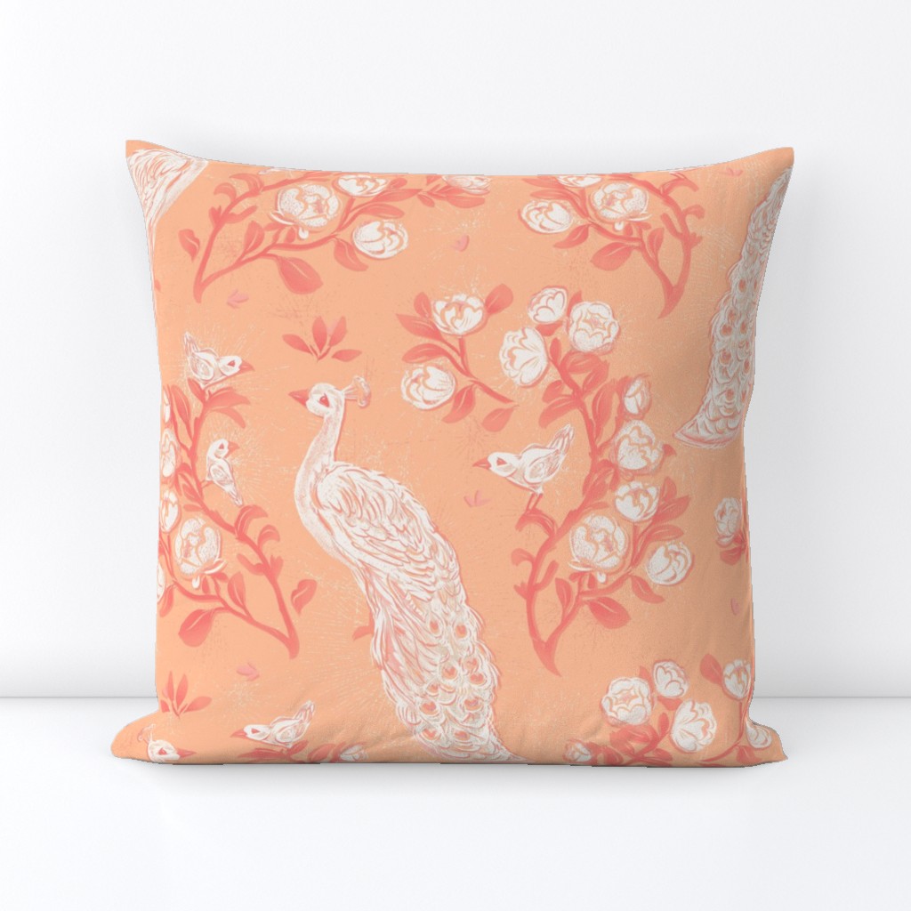 peacock bird  in Pantone 13-1023 Peach Fuzz  blossom garden_ medium scale