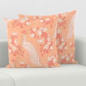 peacock bird  in Pantone 13-1023 Peach Fuzz  blossom garden_ medium scale