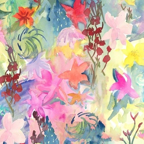 Loose Fantasy Flowerscape - Tropical Florals Large Scale Wallpaper and Fabric