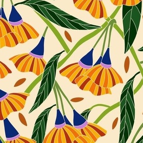 Tropical Flowers - Vibrant Botanical in yellow and blue - Small Size