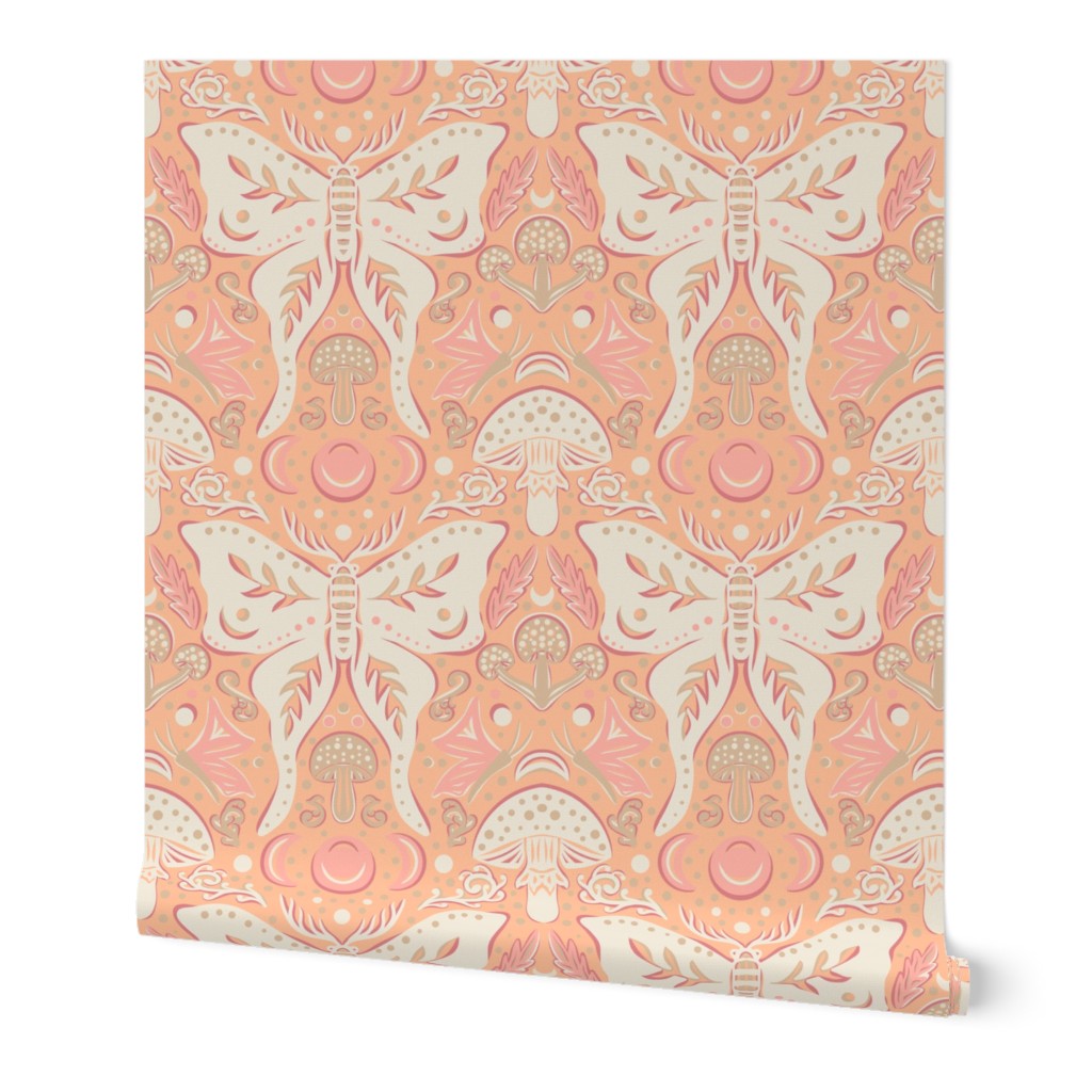 Whimsical Moth and mushrooms Pantone Color Peach - MEDIUM scale