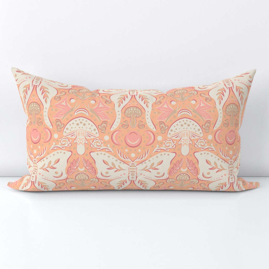 Whimsical Moth and mushrooms Pantone Color Peach - MEDIUM scale