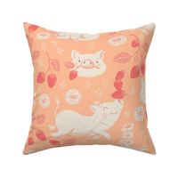 Pigs & Berries Serenade: A whimsical pattern unveiling the delightful dance of cute piggies, strawberries and donuts in a charming and joyful harmony featuring the Pantone color of the year Peach Fuzz