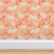 Pigs & Berries Serenade: A whimsical pattern unveiling the delightful dance of cute piggies, strawberries and donuts in a charming and joyful harmony featuring the Pantone color of the year Peach Fuzz