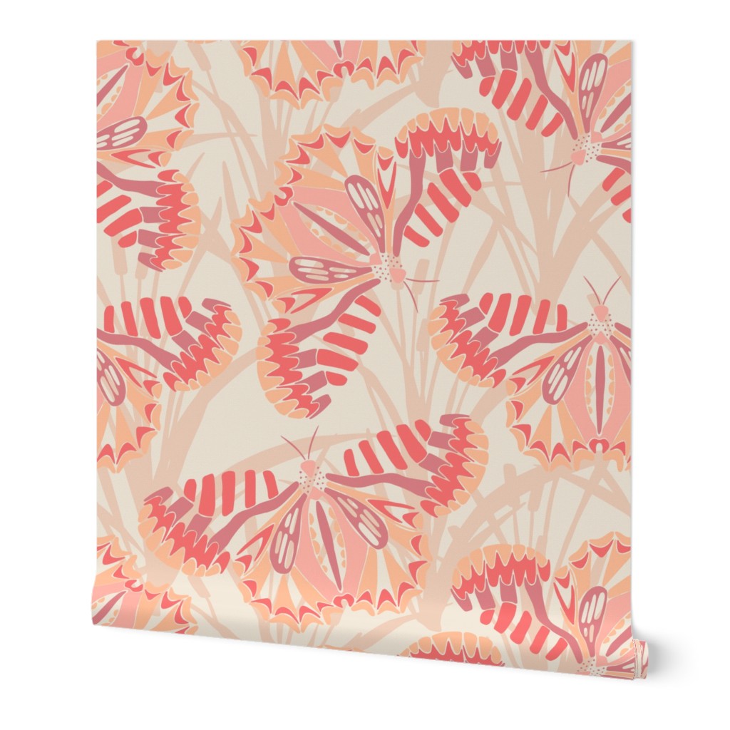 Pantone Peach Fuzz Geo Butterflies X Large Scale Fabric Wallpaper