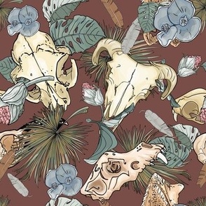 Buffalo Skull and Tropical Leaves Pattern"