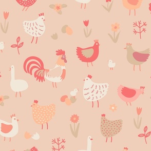 Chickens, chicks and geese - large scale - Peach Fuzz Easter pattern by Cecca Designs