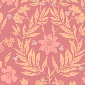 Peach fuzz floral upon pink large scale motif