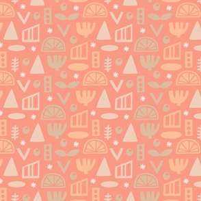 Peach Fuzz Folk Abstract Shapes Block Print Geometric Pink Orange 