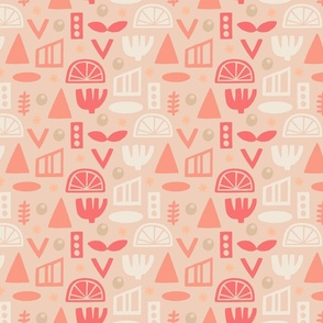 Peach Fuzz Folk Abstract Shapes Block Print Geometric Pink Orange 