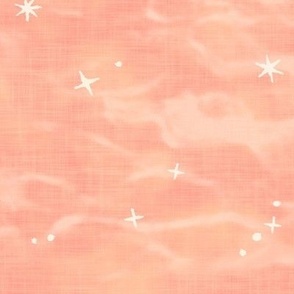 Shibori Stars - Desert Sunset (xl scale) | Sky fabric, block printed stars on shibori linen pattern, block print stars on raspberry and peach, coral decor, constellations, star wallpaper.