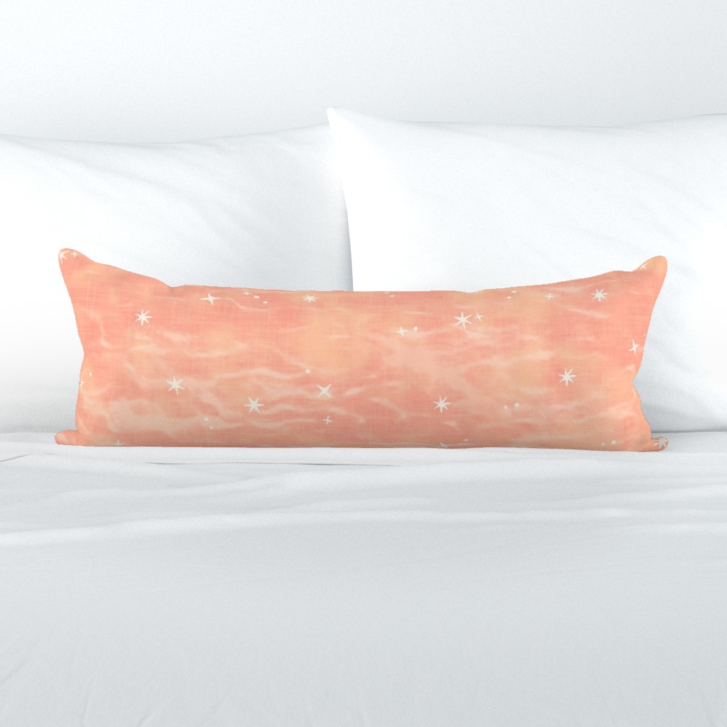 Shibori Stars - Desert Sunset (xxl scale) | Sky fabric, block printed stars on shibori linen pattern, block print stars on raspberry and peach, coral decor, constellations, star wallpaper.