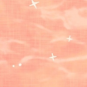 Shibori Stars - Desert Sunset (xxl scale) | Sky fabric, block printed stars on shibori linen pattern, block print stars on raspberry and peach, coral decor, constellations, star wallpaper.