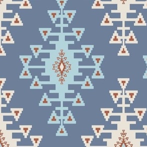 Kilim With Triangles: Blue, Brown, and Ecru on Gray-Blue