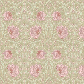 Pimpernel - SMALL 10"   - historic reconstructed damask wallpaper by William Morris -    blush pink light brown cream and sage antiqued restored reconstruction  art nouveau art deco