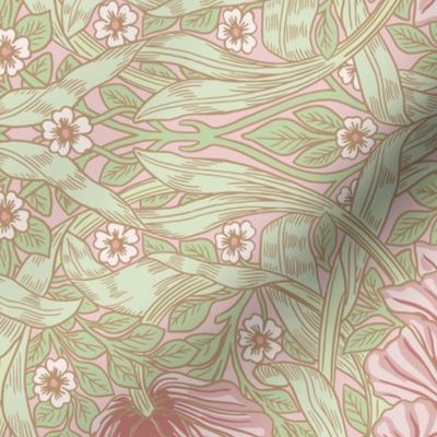 Pimpernel - MEDIUM 14 TURNED LEFT"  - historic reconstructed damask wallpaper by William Morris -    blush pink light brown cream and sage antiqued restored reconstruction  art nouveau art deco