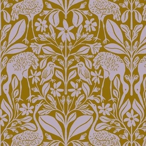 Crane Pond in Mustard and Purple | Small Version | Chinoiserie Style Pattern at an Asian Teahouse Garden