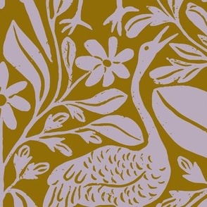 Crane Pond in Mustard and Purple | Medium Version | Chinoiserie Style Pattern at an Asian Teahouse Garden