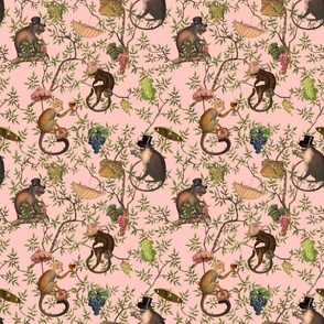 9" Vintage Monkeys Garden Party - Antique Chinoiserie with drunk nostalgic monkeys  pink- Marie Antoinette Chinoiserie inspired - SMALLER WALLPAPER