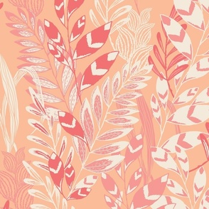 Tropical palm and leaves Boho Peach Fuzz botanical large wallpaper