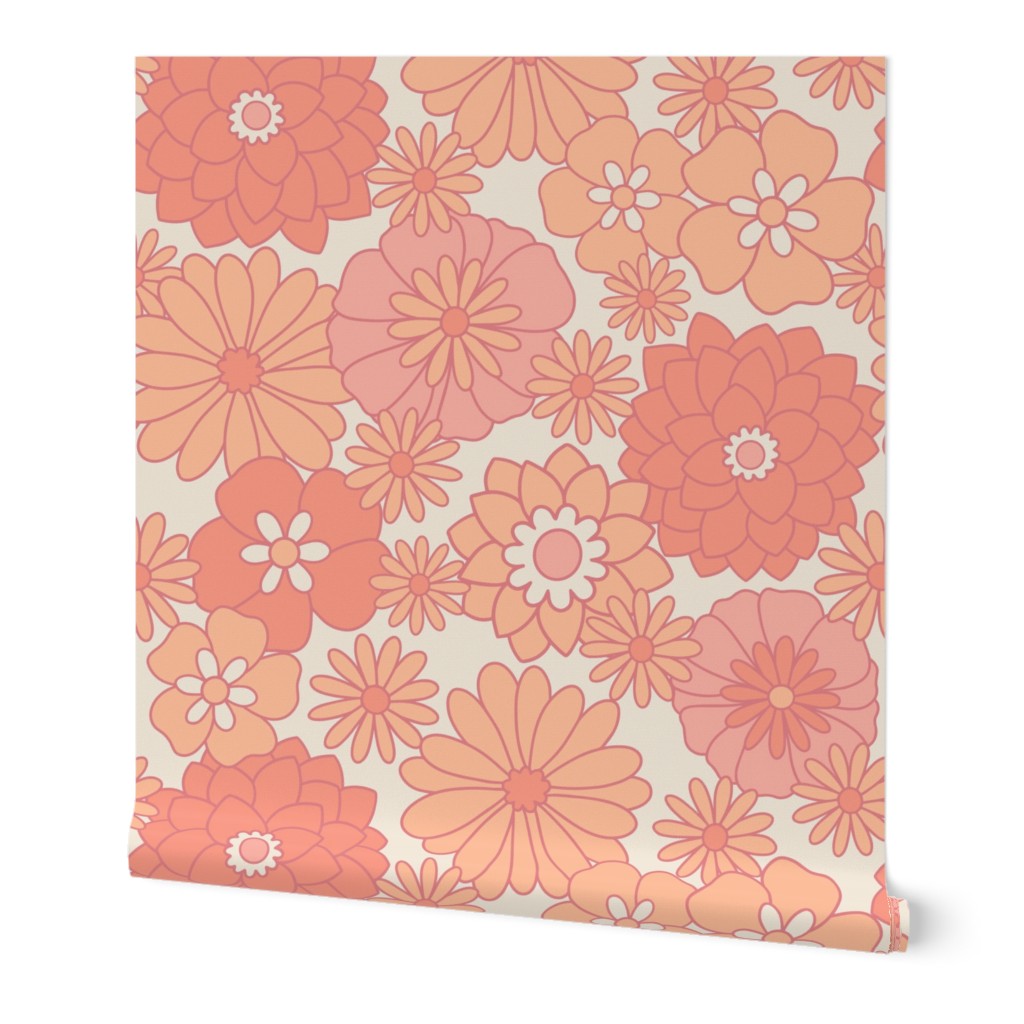 Retro Garden Floral in Pantone Peach Fuzz, Large | groovy pink and peach illustrated flower power print on cream background