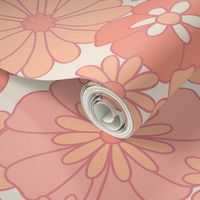 Retro Garden Floral in Pantone Peach Fuzz, Large | groovy pink and peach illustrated flower power print on cream background