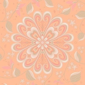 Blossoming Flower Mandala Vines Stars Peach Large Scale Elegant Boho Wallpaper
