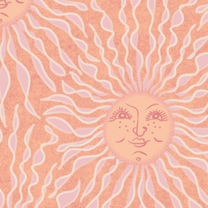 peach fuzz fantasy boho sun celestial half drop wallpaper | happy sun rays, smiling face, optimism, cheerful suns in peach and pink | jumbo
