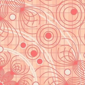 Spin Symmetry Peach Fuzz: Dynamic Circles and Dots, Pantone 2023 LARGE SCALE, 6300, v18–orange, apricot, circles spin symmetrical, dots, kitchen, table, linens, bedding, sheets, duvet