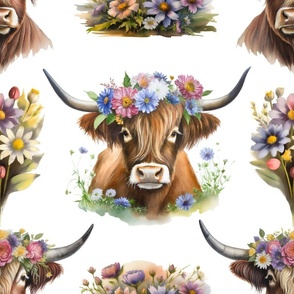 highland cows with flowers painted pink, blue, yellow, white