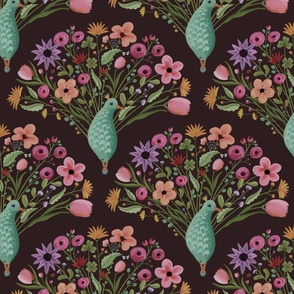 Quirky damask pattern with dainty woodland floral - birds, peacocks , bees, ladybirds - mid size  print.