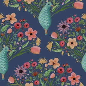 Hand painted dainty floral feathers adding fantasy into damask peacock pattern - decorative and color block - large size  print.