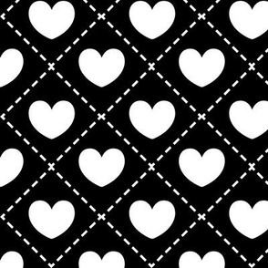 Quilted White Hearts on Black Background - Large