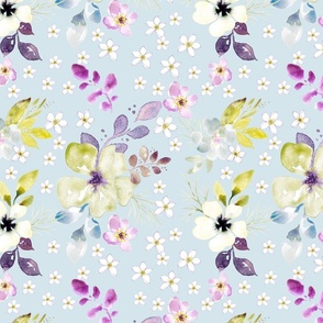 Grandmillennial watercolor flowers in purple and yellow from Anines Atelier. Use the design for living room interior