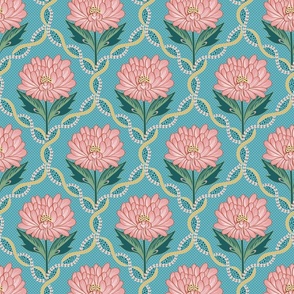 Pink and blue decorative trellis pattern with graphical peony flowers - small