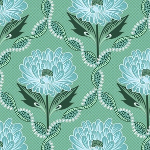 Graphical peony flowers with elaborated trellis - mint , blue and green  - mid size