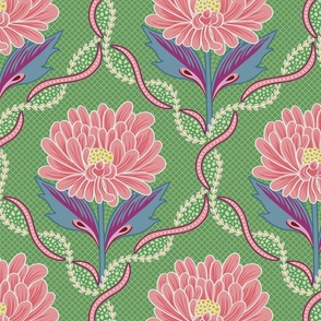 Pink color pops of peony flowers on green with elaborated lattice - mid size