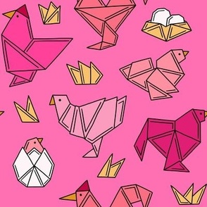 Colorful and bold chicken origami on hot pink background 
