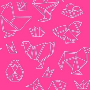 Chicken origami line art - hot pink background 