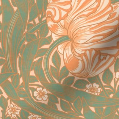 Pimpernel - LARGE 21"  - historic reconstructed damask wallpaper by William Morris - peach fuzz toned and green antiqued restored reconstruction art nouveau art deco with linen effect